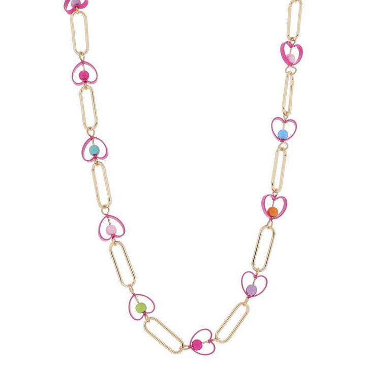 Gold Paperclip Links with Hot Pink Hearts Necklace