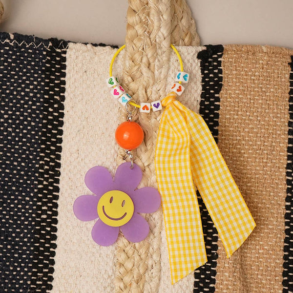 Happy Face Flower Plaid Bow Keychain | Pink