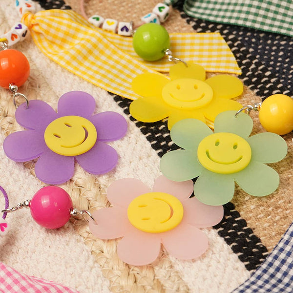 Happy Face Flower Plaid Bow Keychain | Pink