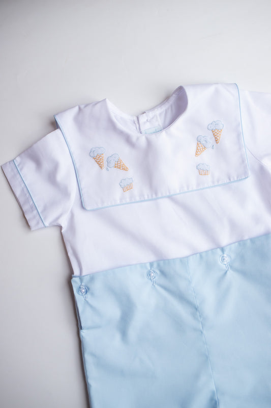 Ice Cream Embroidered Boysuit | White/Blue