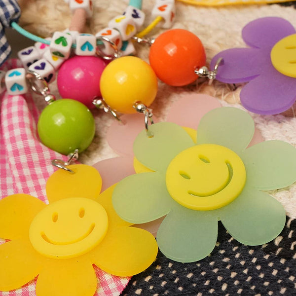 Happy Face Flower Plaid Bow Keychain | Pink