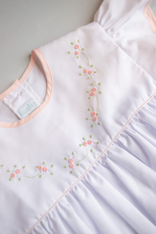 Rose Embroidered Flutter Sleeve Dress | White
