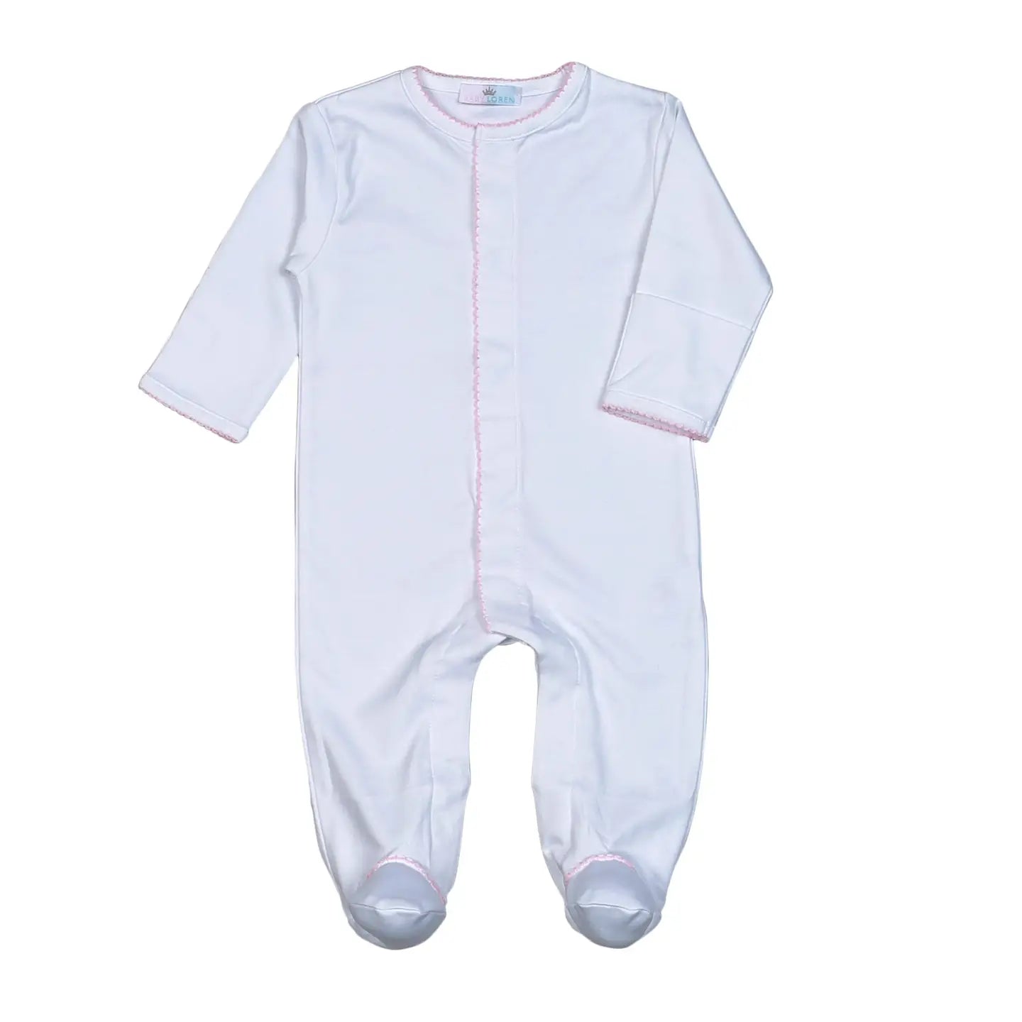 White Snap Footie | Pink Picot Trim