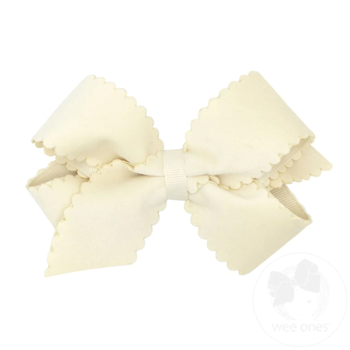 Medium Faux Velvet Scalloped Edge Girls Hair Bow | Antique White