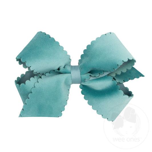 Medium Faux Velvet Scalloped Edge Girls Hair Bow | New Lagoon Blue