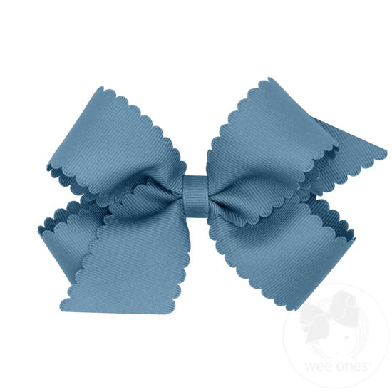 Medium Grosgrain Scalloped Edge Girls Hair Bow | Denim