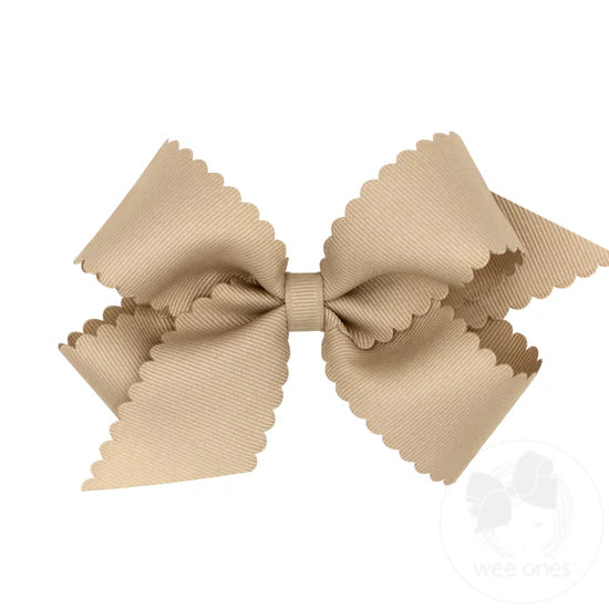 Medium Grosgrain Scalloped Edge Girls Hair Bow | Oatmeal