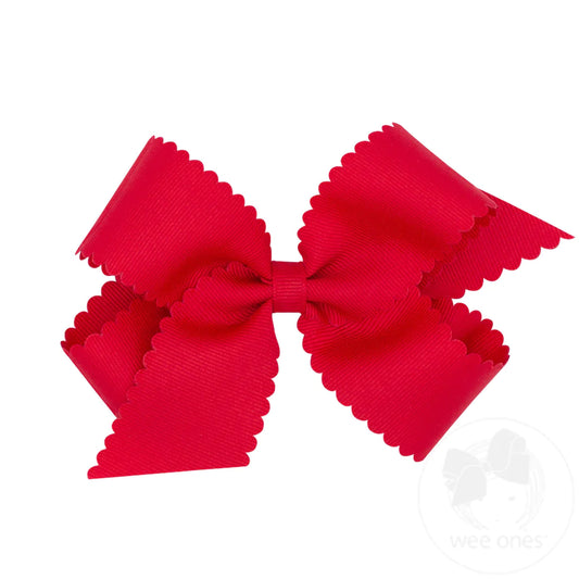 Medium Grosgrain Scalloped Edge Girls Hair Bow | Red