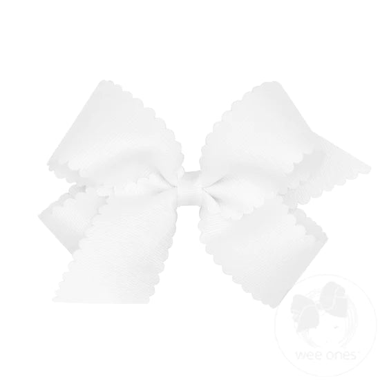 Medium Grosgrain Scalloped Edge Girls Hair Bow | White