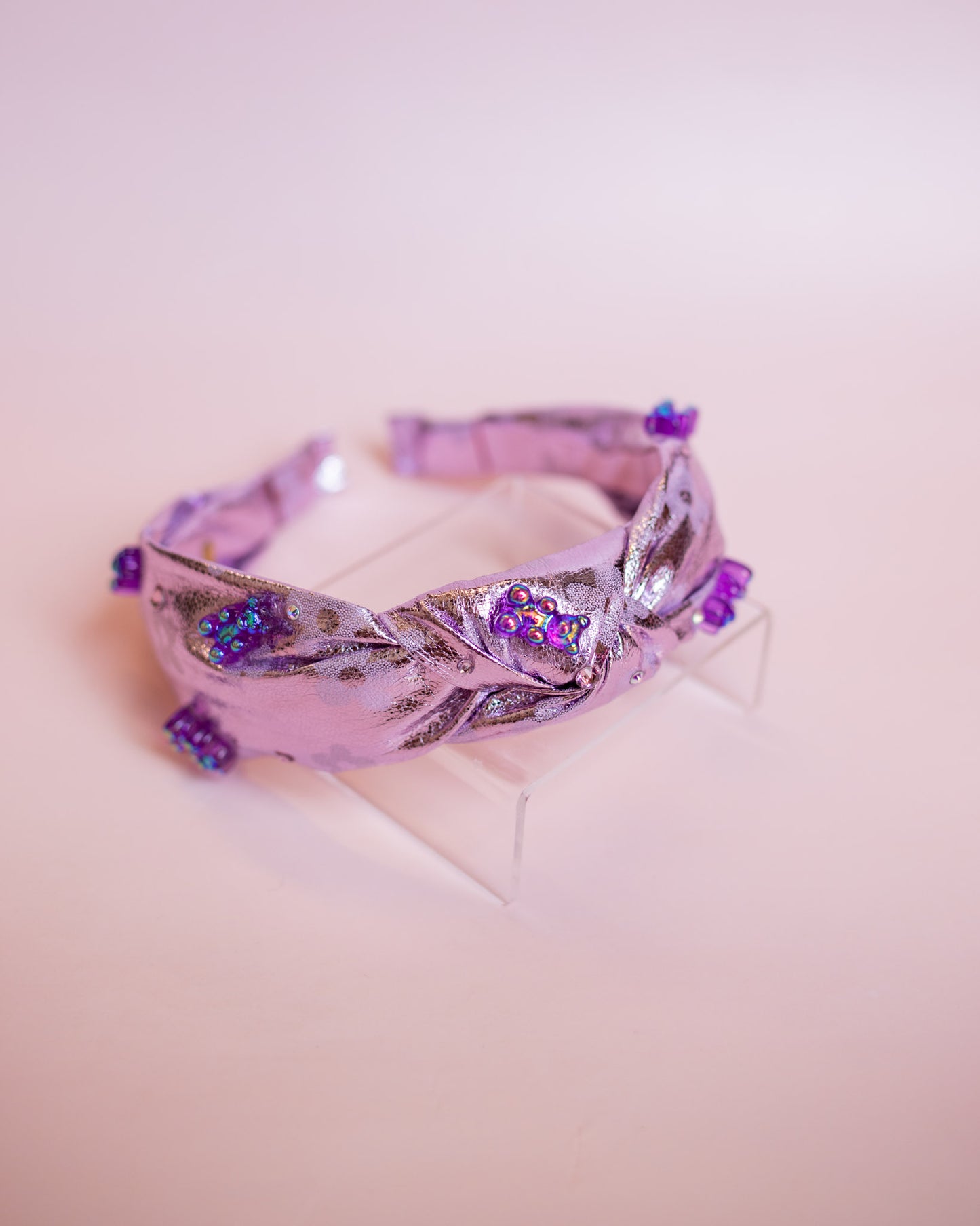 Metallic Daisy + Gummy Bear Charm Knot Headband | Purple