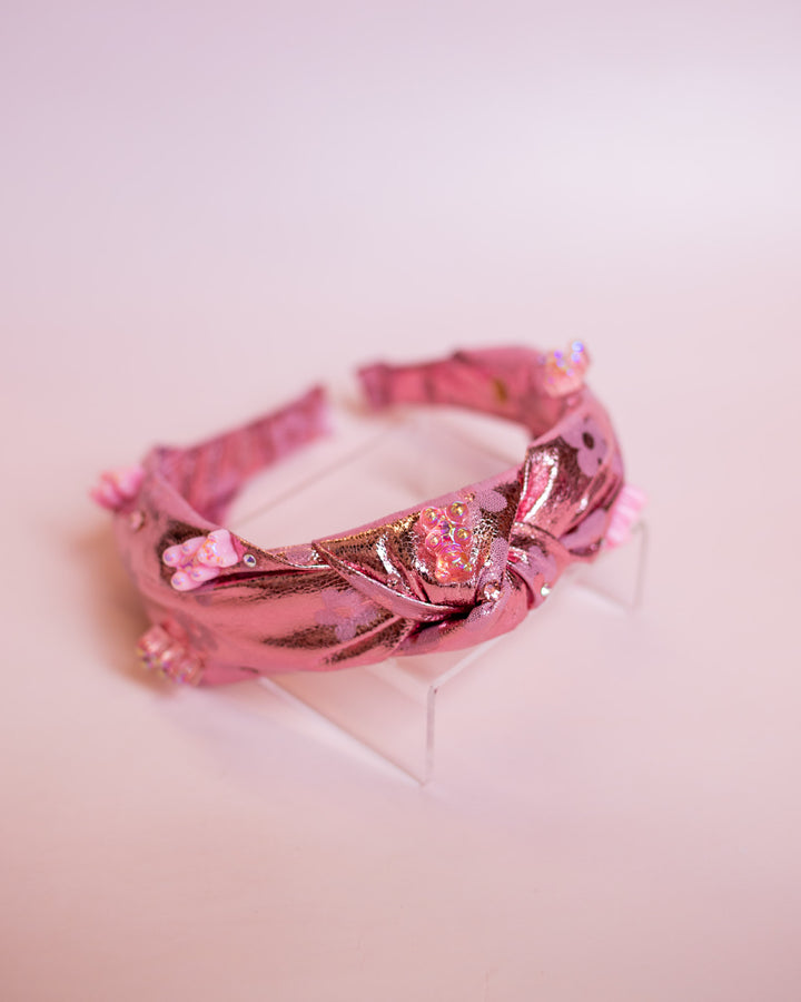 Metallic Daisy + Gummy Bear Charm Knot Headband | Pink