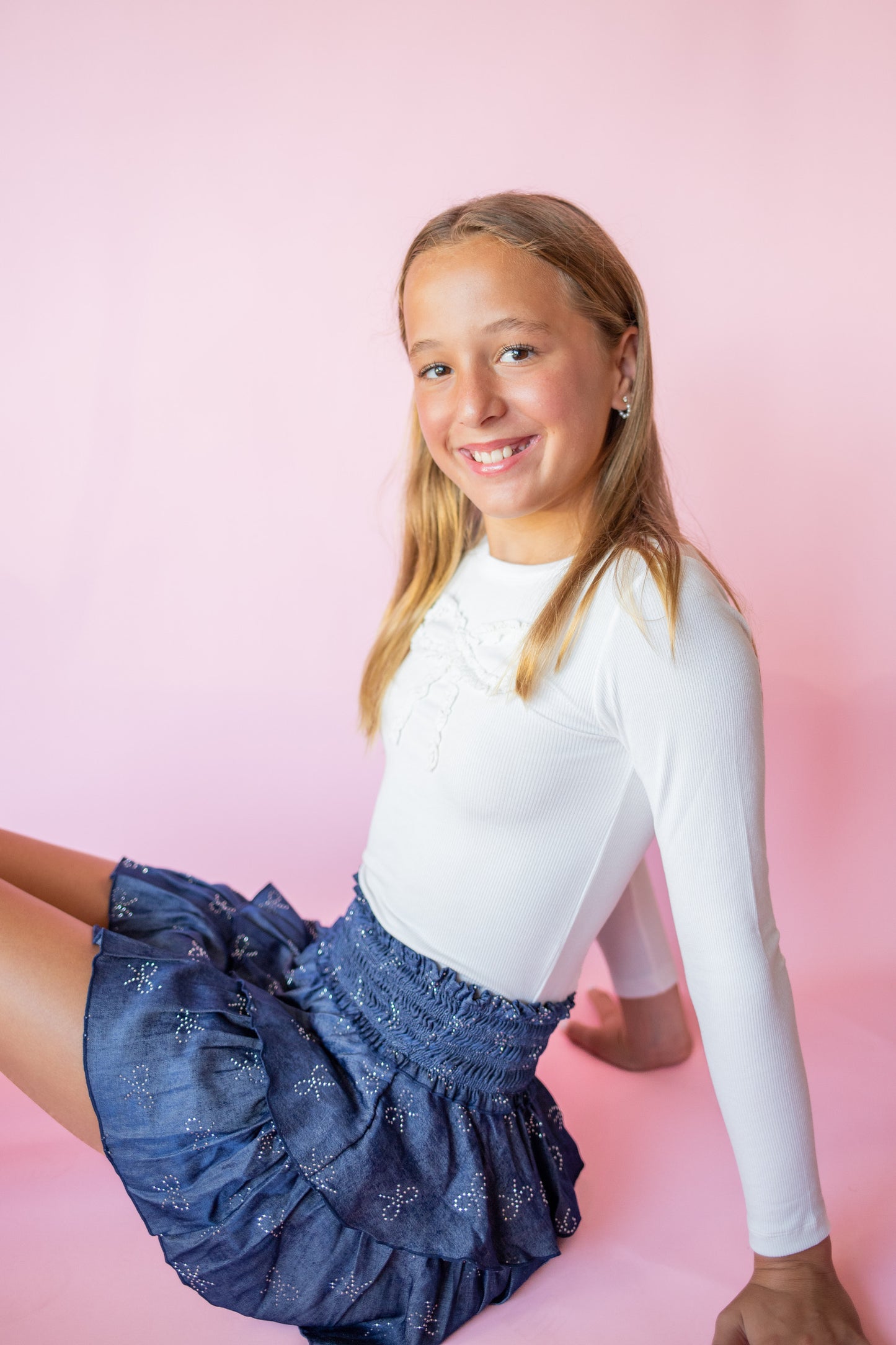 Bow Rhinestone Chambray Skirt