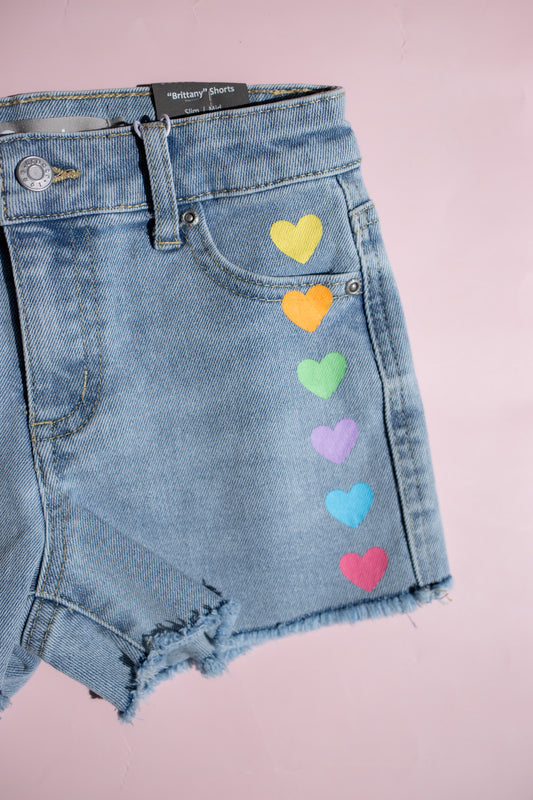 Brittany Mid Rise Short | Light Indigo with Rainbow Hearts