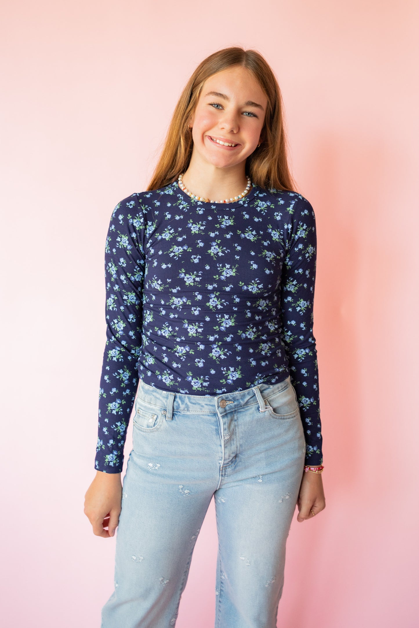 Ribbed Long Sleeve | Navy Blue Floral