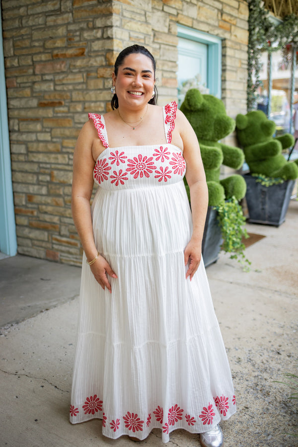 The Haven Embroidered Midi Dress | Cream + Red