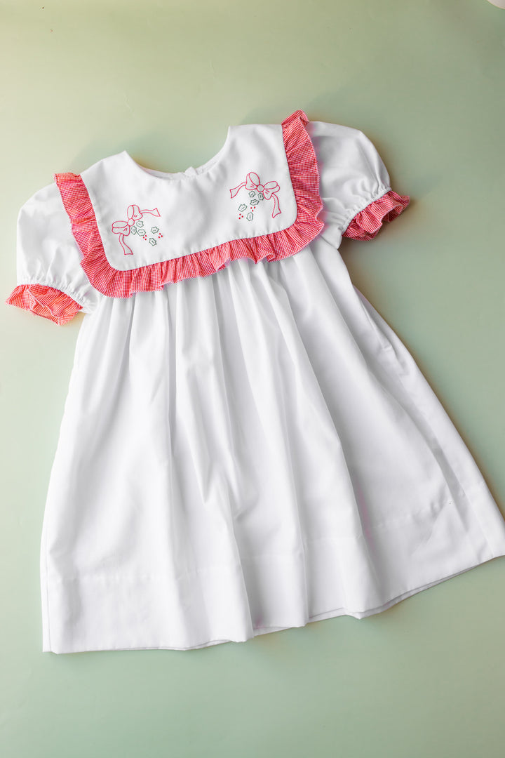 Gingham Ruffle Bow Embroidered Dress