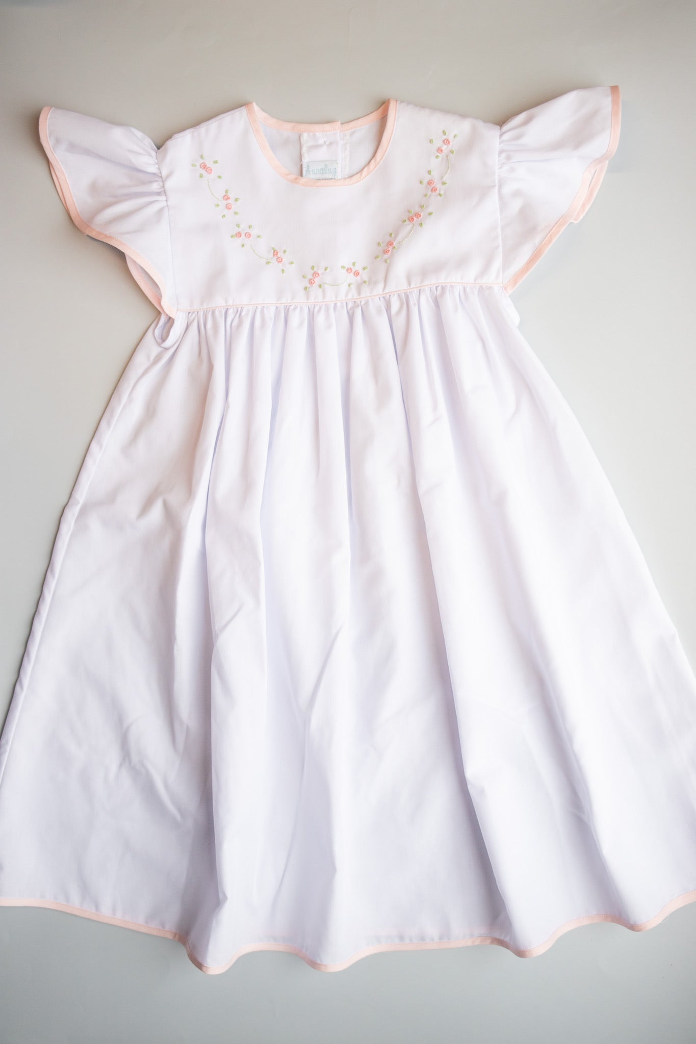 Rose Embroidered Flutter Sleeve Dress | White