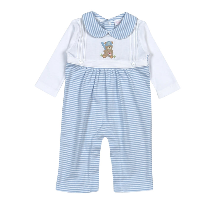 Blue Baseball Bear Hand Embroidered Romper