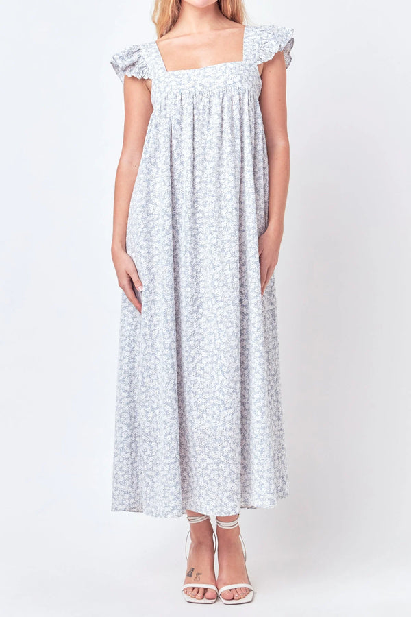 Floral Print Maxi Dress with Embroidery | Blue/White