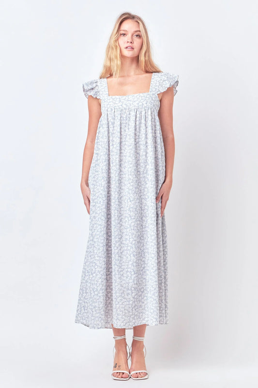 Floral Print Maxi Dress with Embroidery | Blue/White