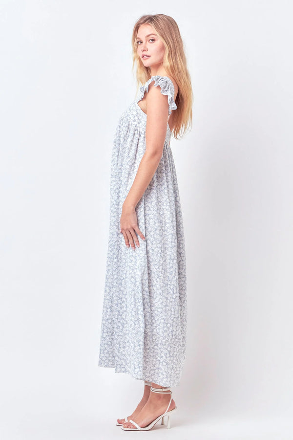 Floral Print Maxi Dress with Embroidery | Blue/White