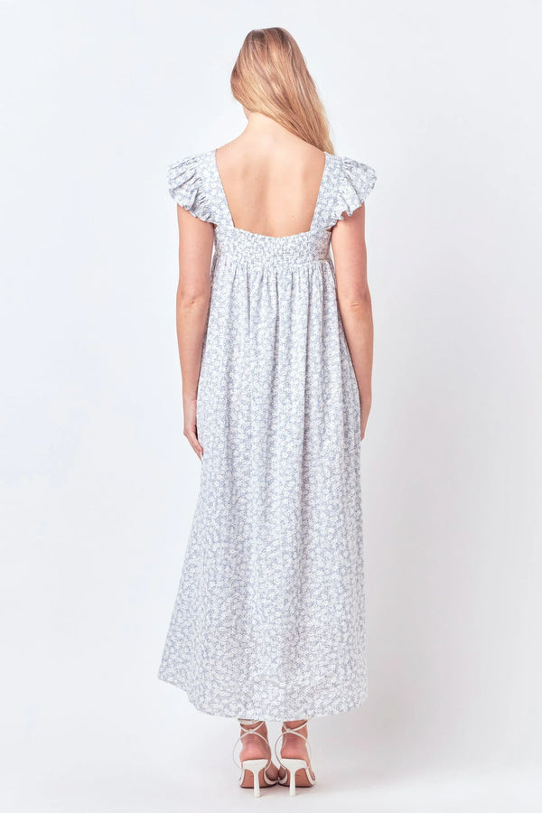 Floral Print Maxi Dress with Embroidery | Blue/White