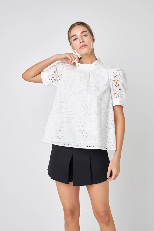 Broderie Anglaise Puff Sleeve Top | White
