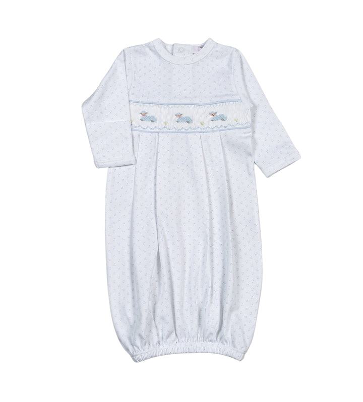 Blue Baby Lamb Hand Smocked Pima Gown