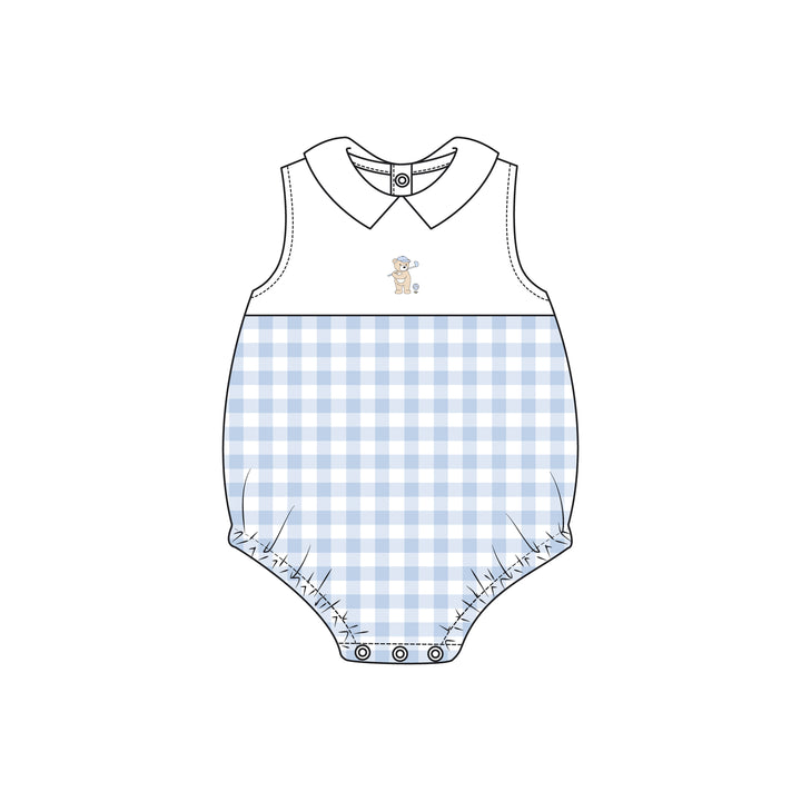 golfing bear - blue white gingham bubble w/ embroidery