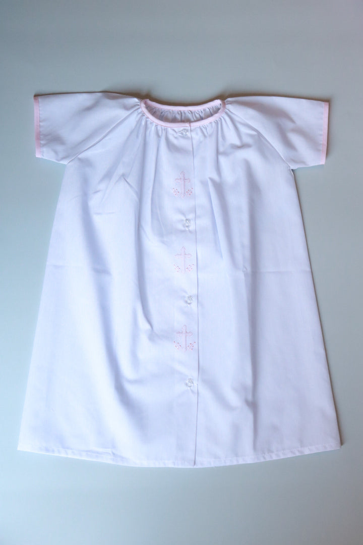 Cross Embroidered Pleated Collar Daygown | Pink Trim