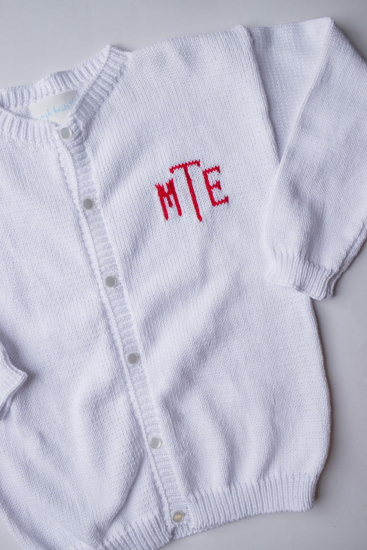 Custom Knit Monogram Cardigan | White with Red