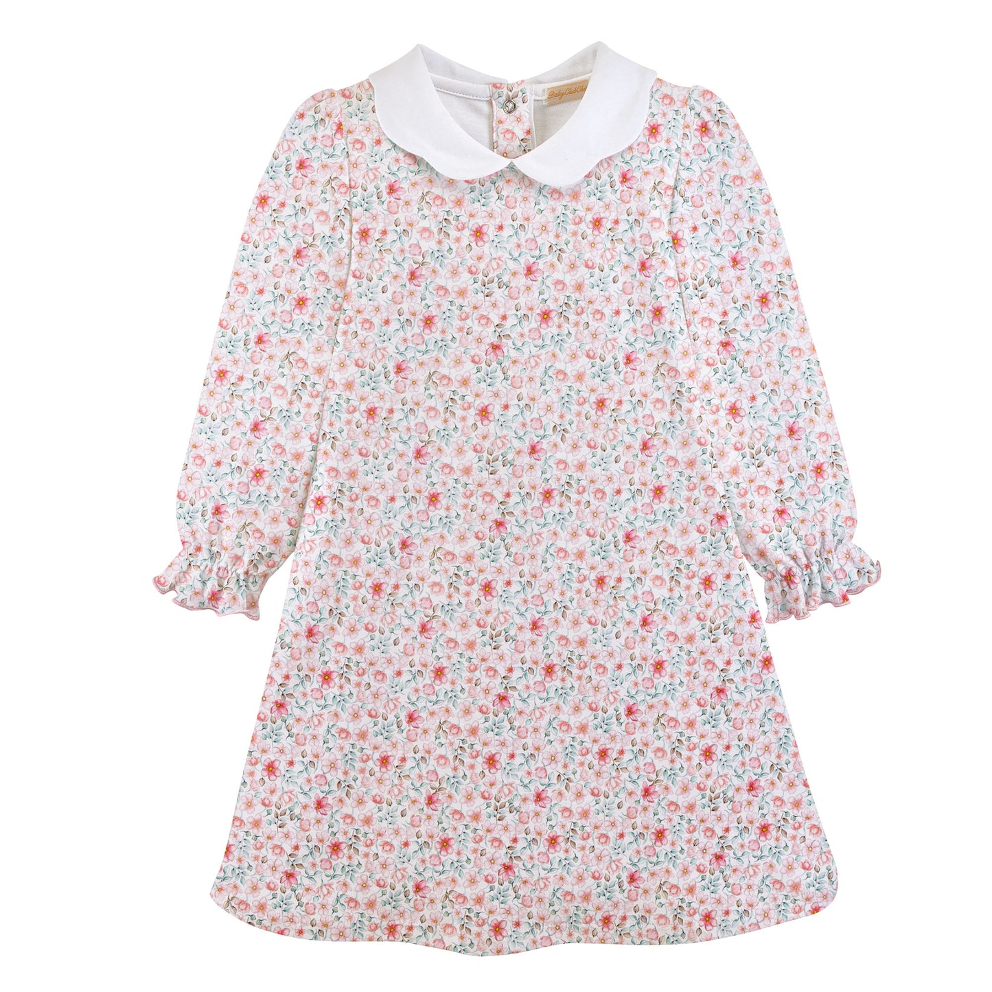 Blushy Buttons Printed Pima Dress w Scalloped Collar
