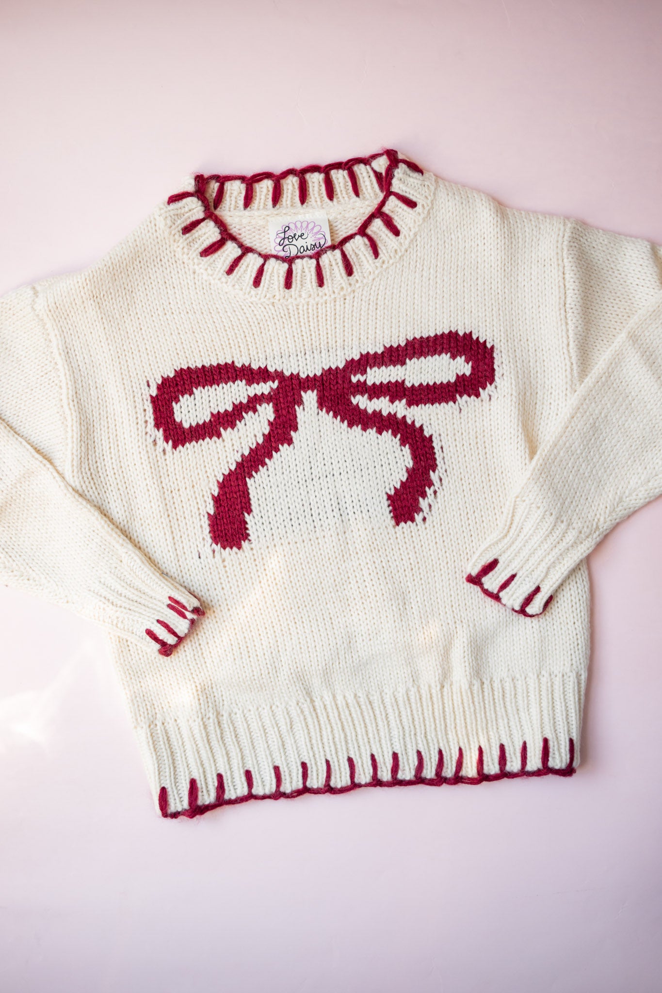 Blanket Stitch Crew Neck Sweater | Beige + Burgundy