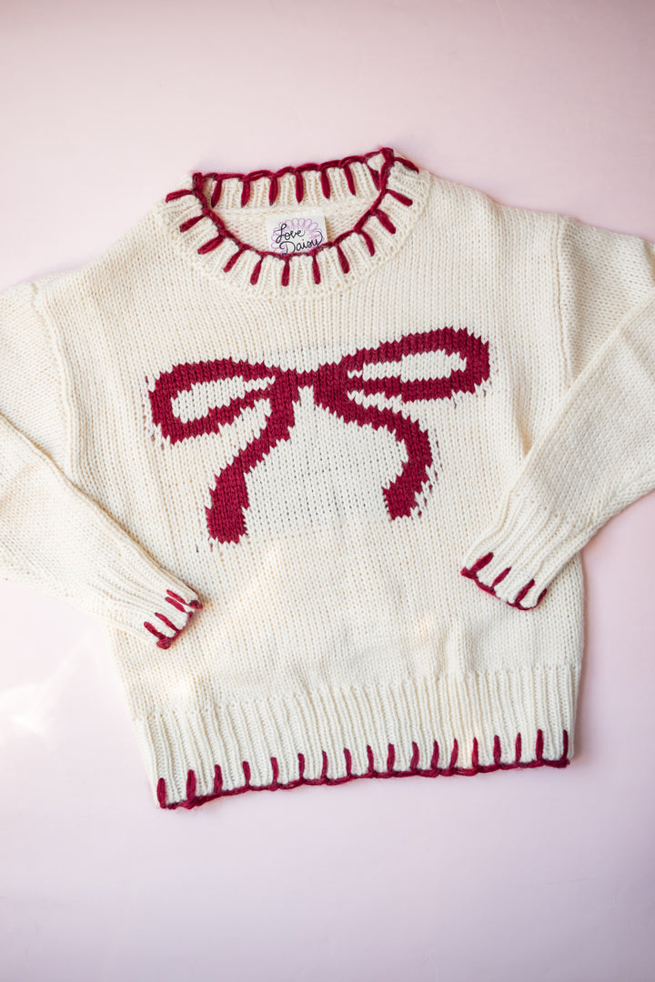 Blanket Stitch Crew Neck Sweater | Beige + Burgundy