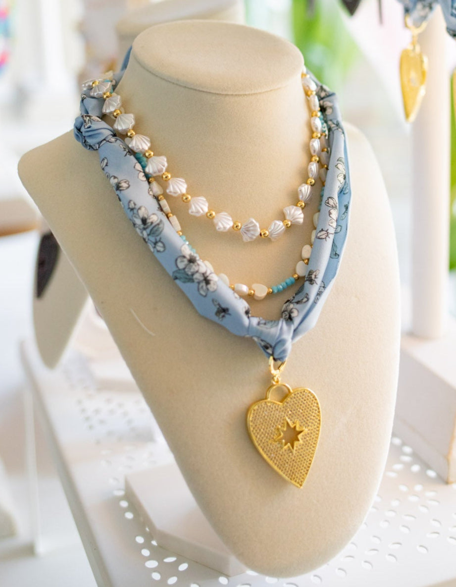 Scarf Necklace | Blue with Gold Pave Heart Charm