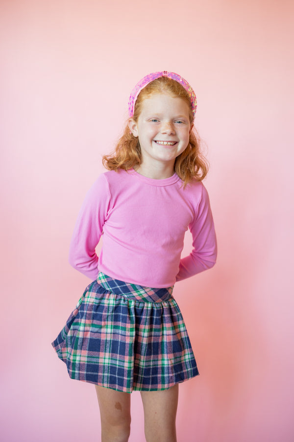 Flannel Skirt | Navy + Pink Plaid
