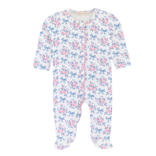 Printed Ruffle Zipper Footie | Blue Floral Bows