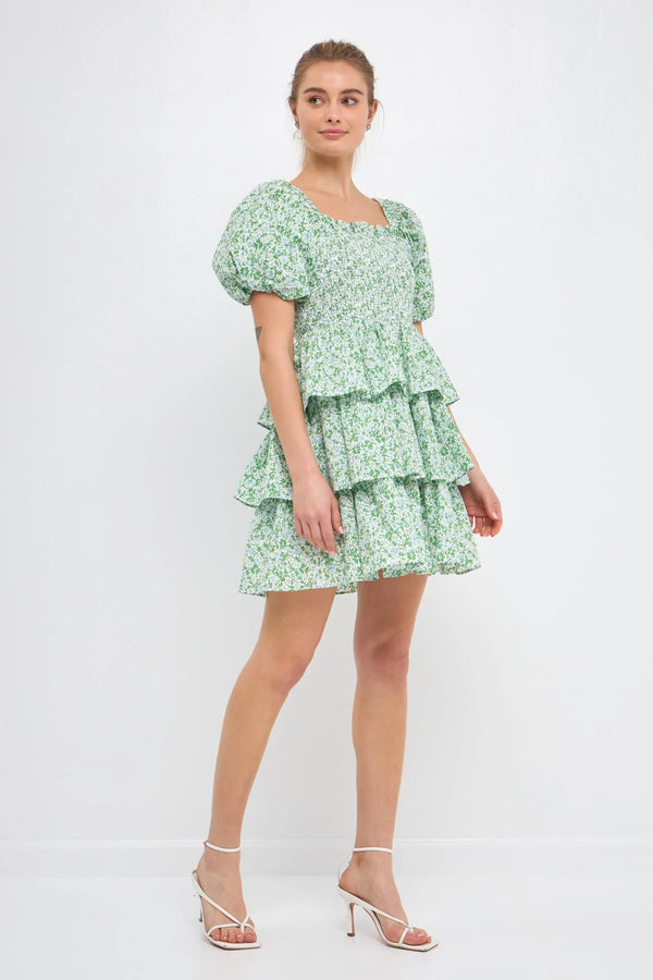 Crinkled Floral Linen Smocked Tiered Mini Dress | Green