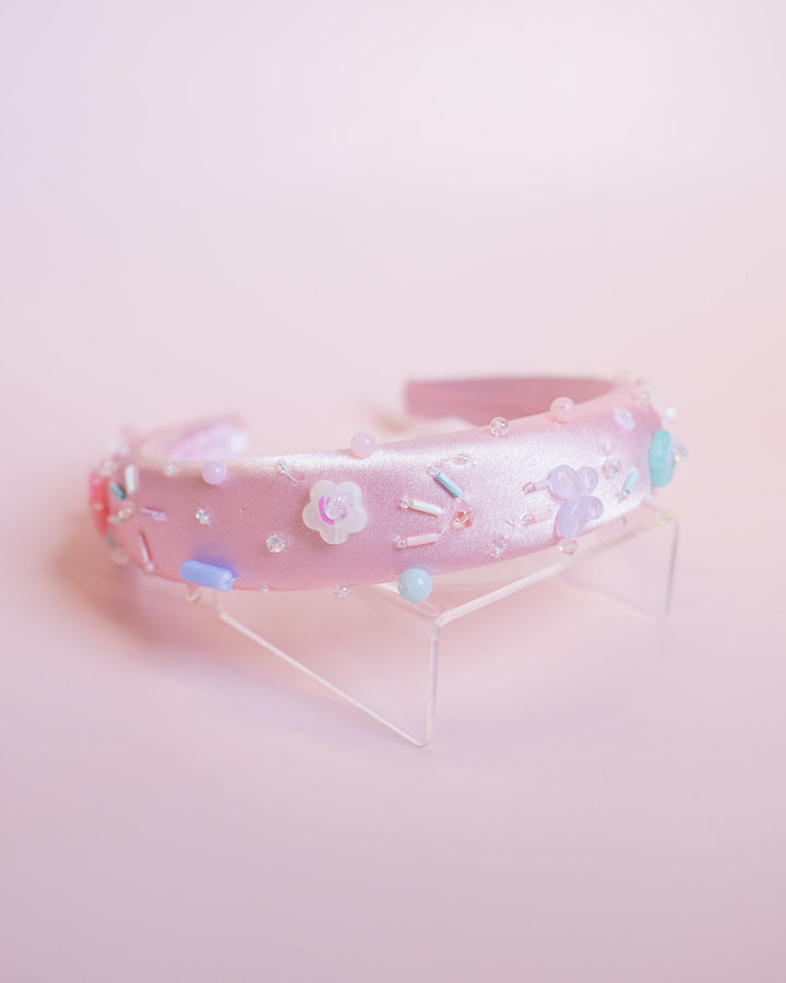 Beaded Silk Padded Headband | Baby Pink