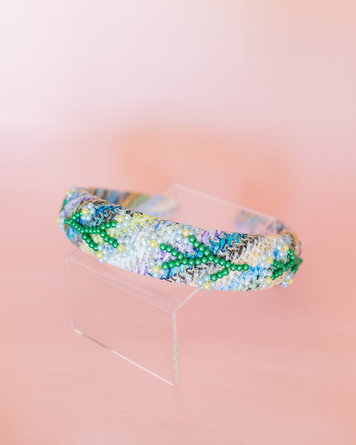 Flower Beaded Raffia Headband | Blue