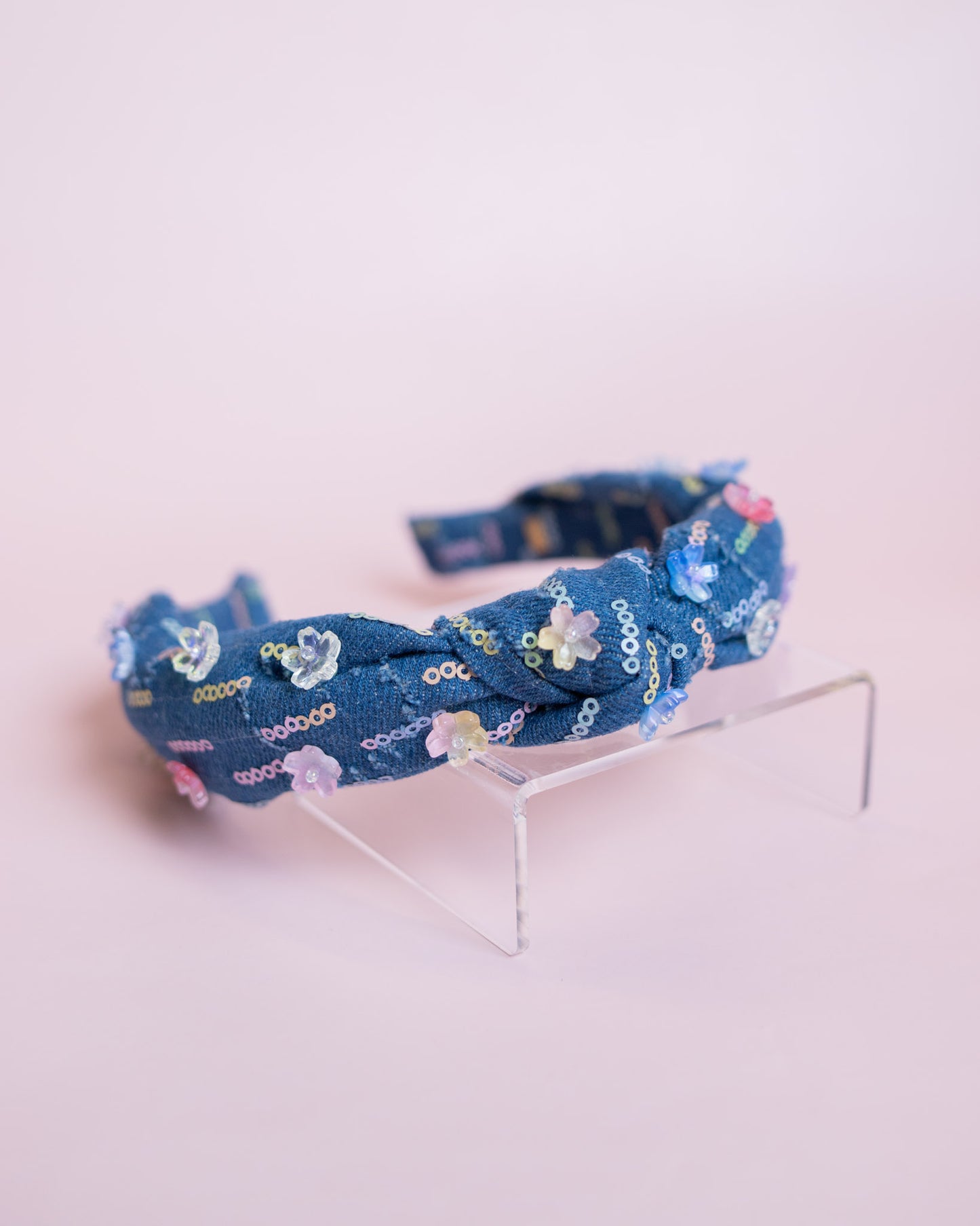 Thin Denim Knot Headband with Flower Charms