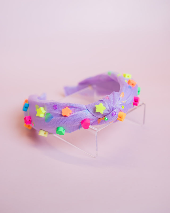 Neon Star Charm Knot Tulle Headband | Purple