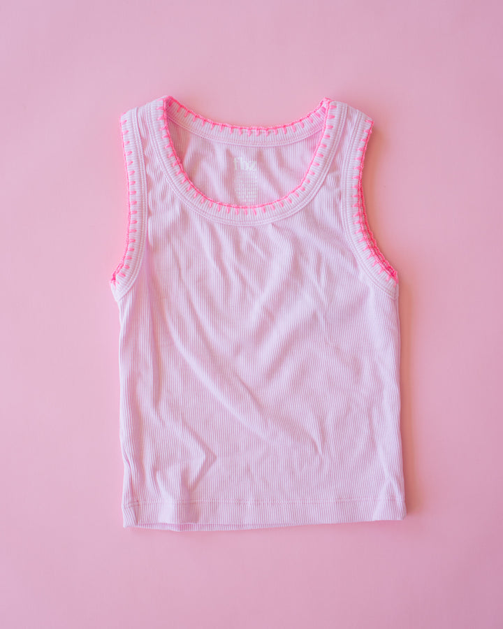 Pink Ribbed Tank with Hot Pink Crochet Trim