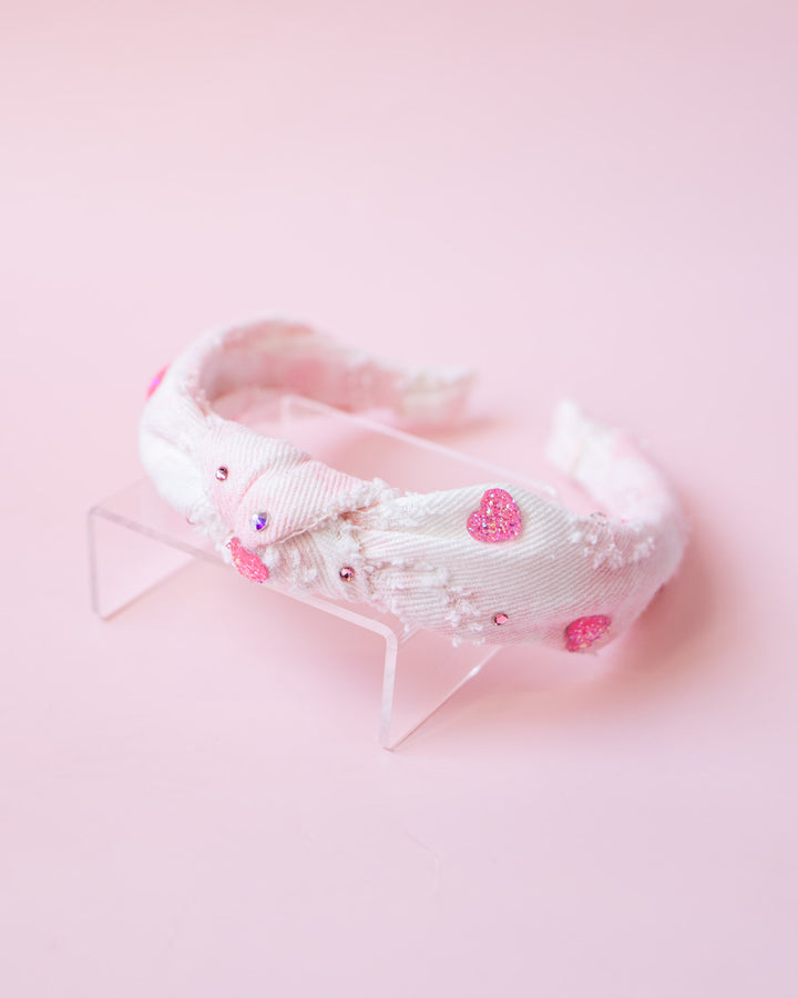 Heart Charm Denim Knot Headband | Pink Tie Dye