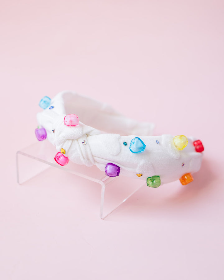 Heart Terry Knot Headband with Multi Hearts | White