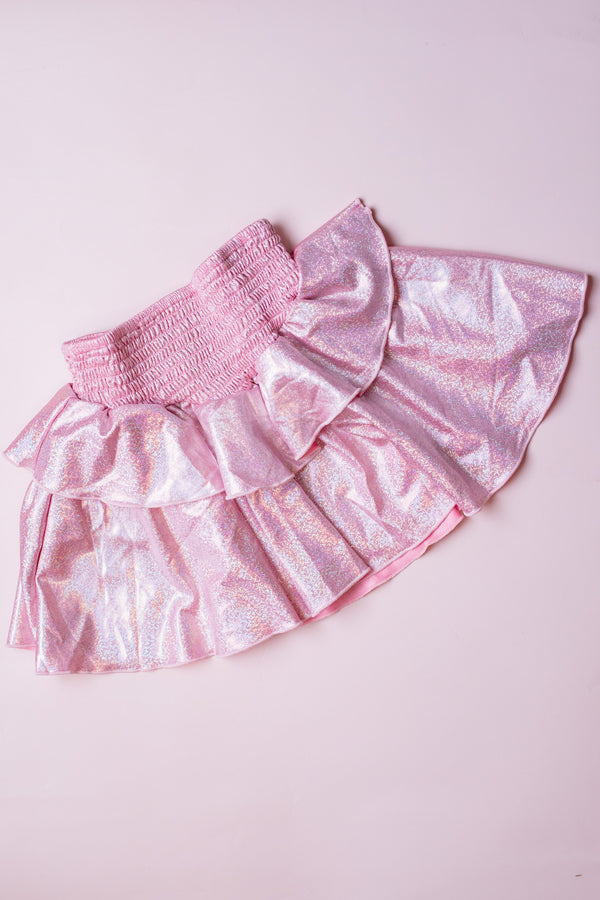 Smocked Tiered Skirt | Pink Metallic