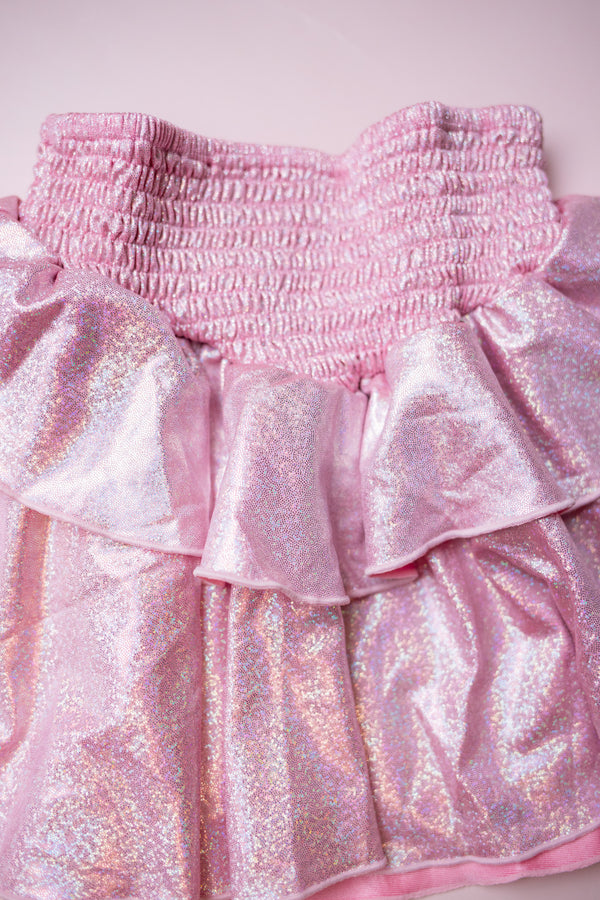 Smocked Tiered Skirt | Pink Metallic