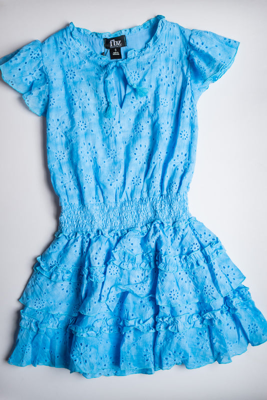 Eyelet Smocked Waist Tassel Dress | Pool Blue