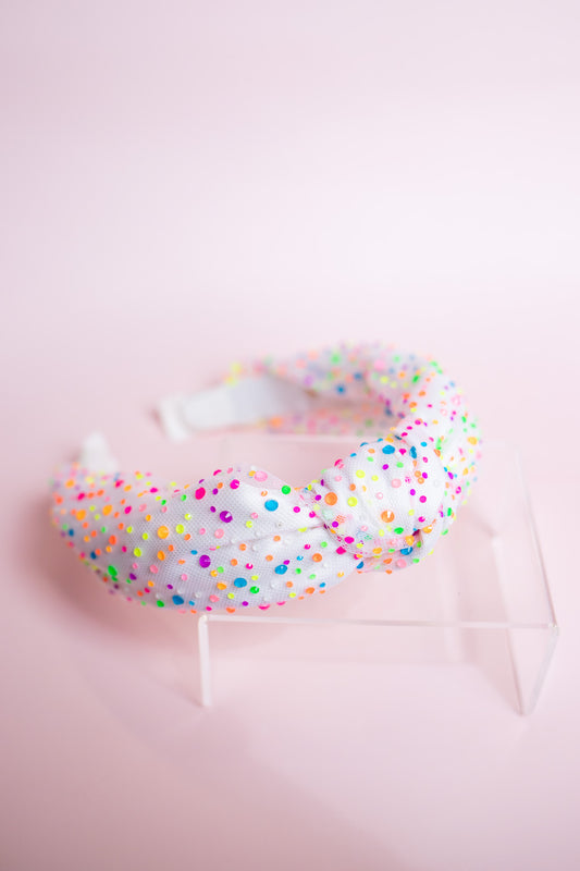 Neon Rainbow Crystal Tulle Knot Headband | White