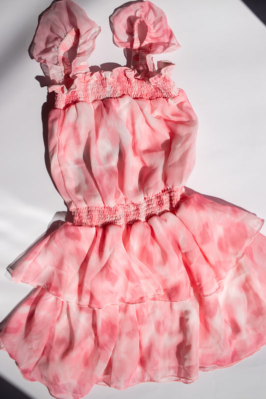 Smocked Waist Chiffon Dress with Ruffle Straps | Pink Tie Dye